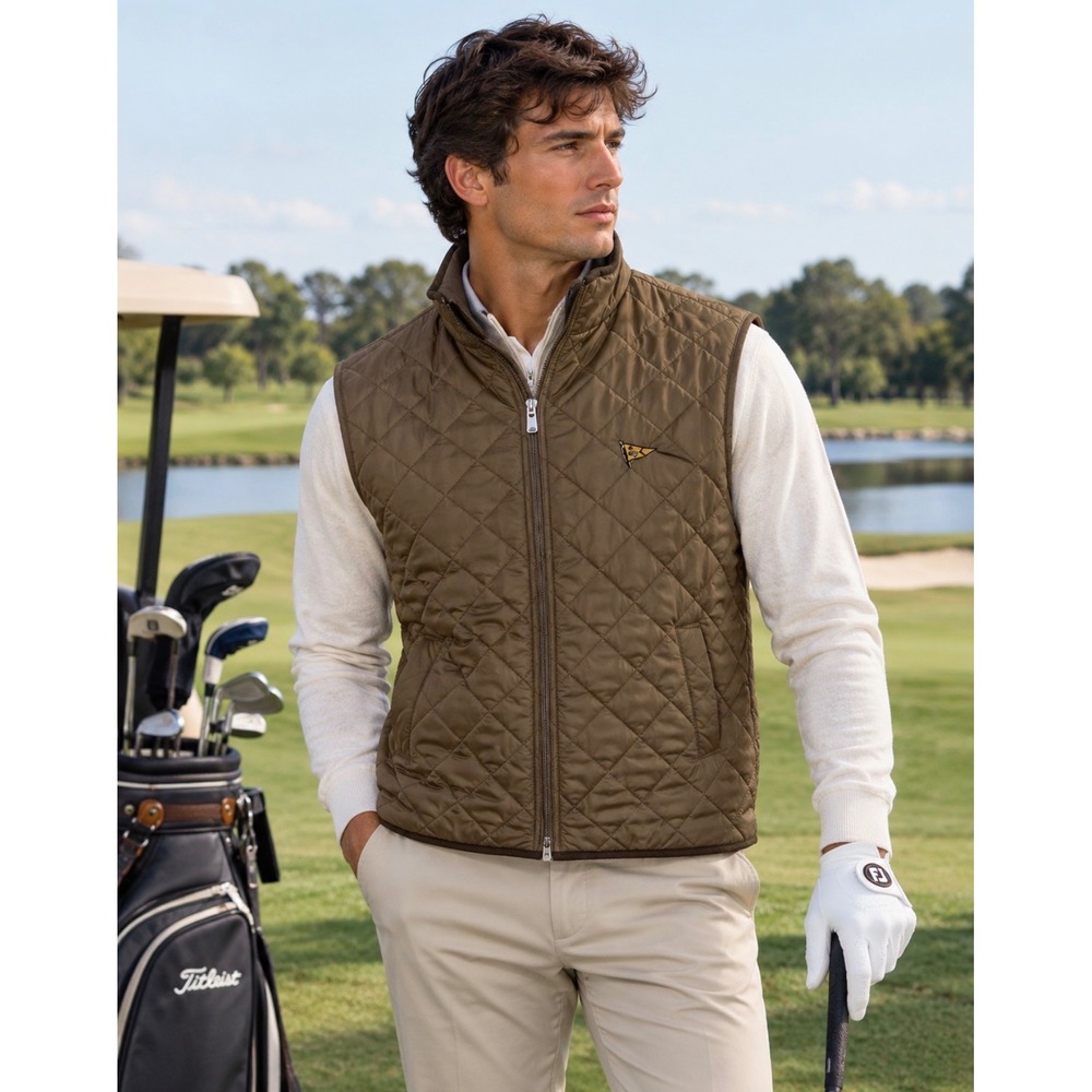 Peter Millar The Wellington Quilted Vest Medium Brown Full Zip Golf Burgee Log